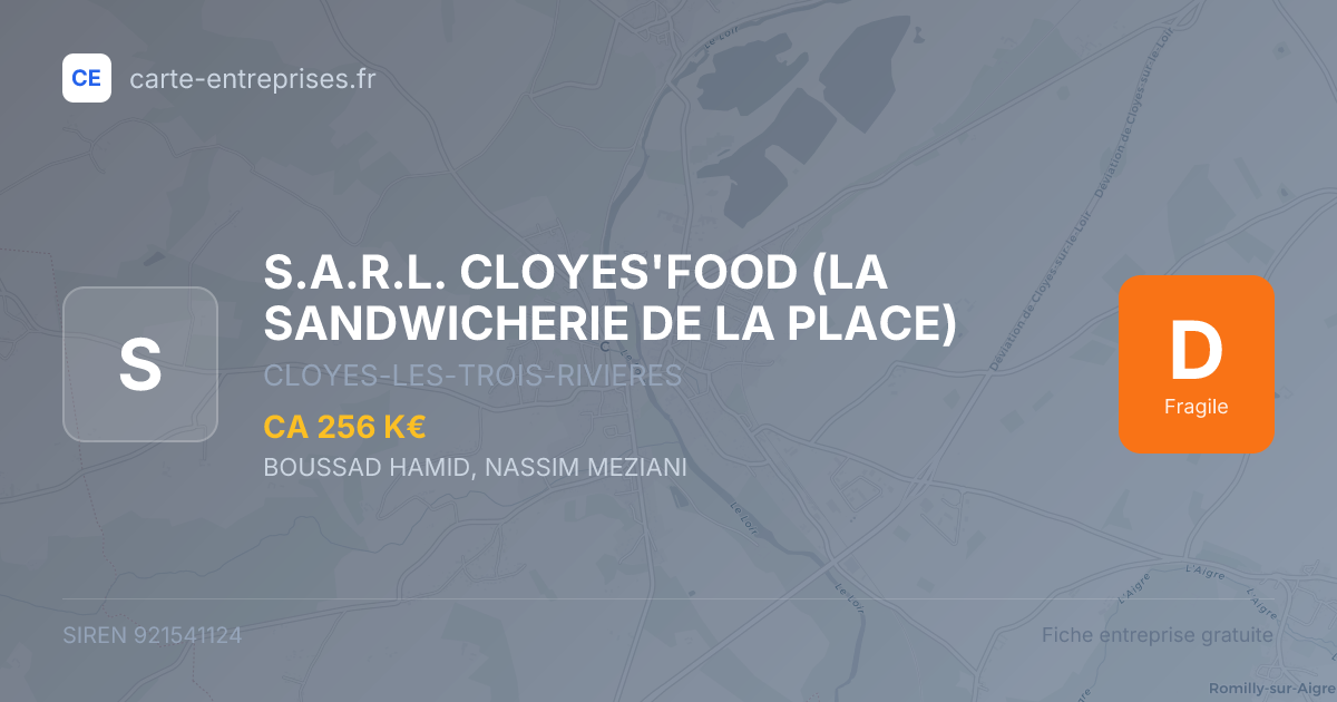S.A.R.L. CLOYES'FOOD (LA SANDWICHERIE DE LA PLACE) — 921541124 — fiche entreprise